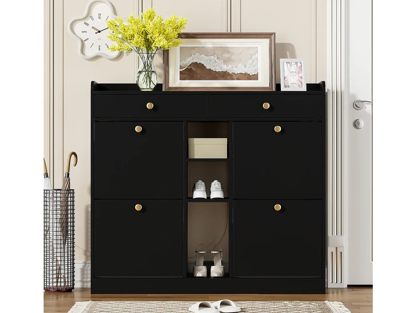 Aparador con 4 puertas, 2 cajones, diseño moderno, negro y madera, tablero de partículas (110x26x100 cm)