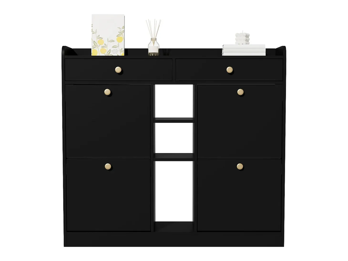 Aparador con 4 puertas, 2 cajones, diseño moderno, negro y madera, tablero de partículas (110x26x100 cm)