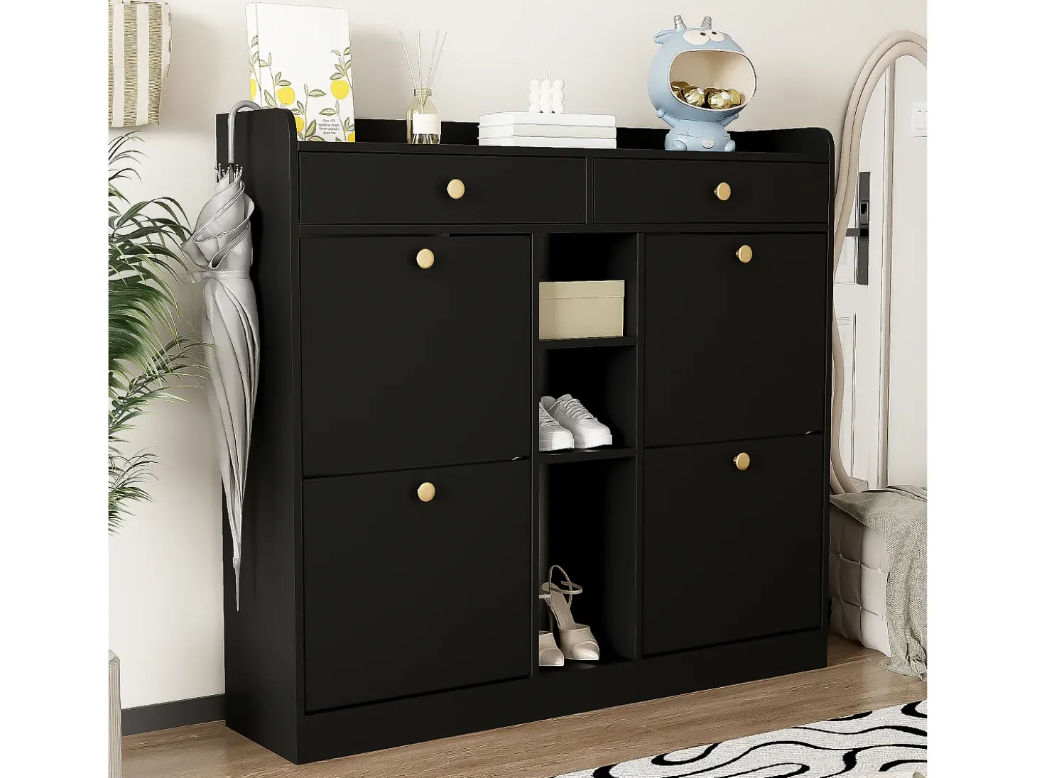 Aparador con 4 puertas, 2 cajones, diseño moderno, negro y madera, tablero de partículas (110x26x100 cm)