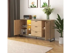 Aparador con 2 puertas, 3 cajones y estantes de cristal - tablero de partículas - color natural y metal negro
