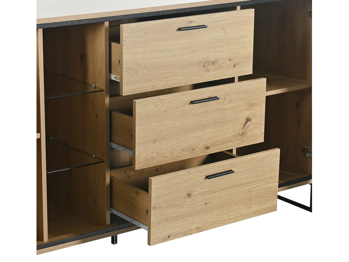 Aparador con 2 puertas, 3 cajones y estantes de cristal - tablero de partículas - color natural y metal negro