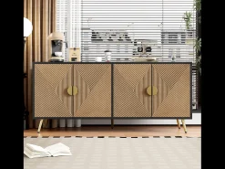 Aparador con 4 puertas, 4 cajones, con elementos dorados, MDF, negro y madera, (160x40x75 cm)