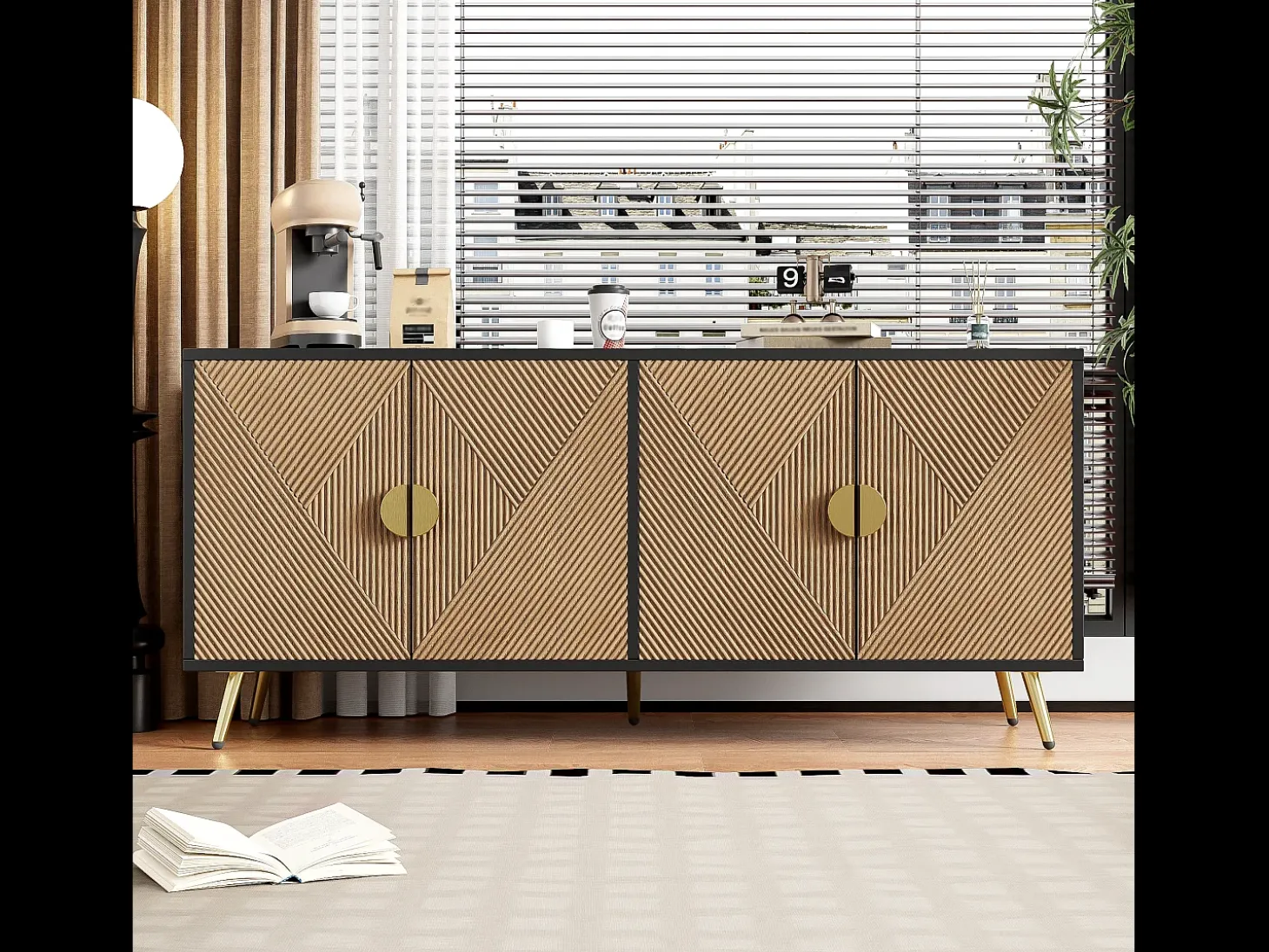 Aparador con 4 puertas, 4 cajones, con elementos dorados, MDF, negro y madera, (160x40x75 cm)