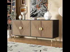 Aparador con 4 puertas, 4 cajones, con elementos dorados, MDF, negro y madera, (160x40x75 cm)