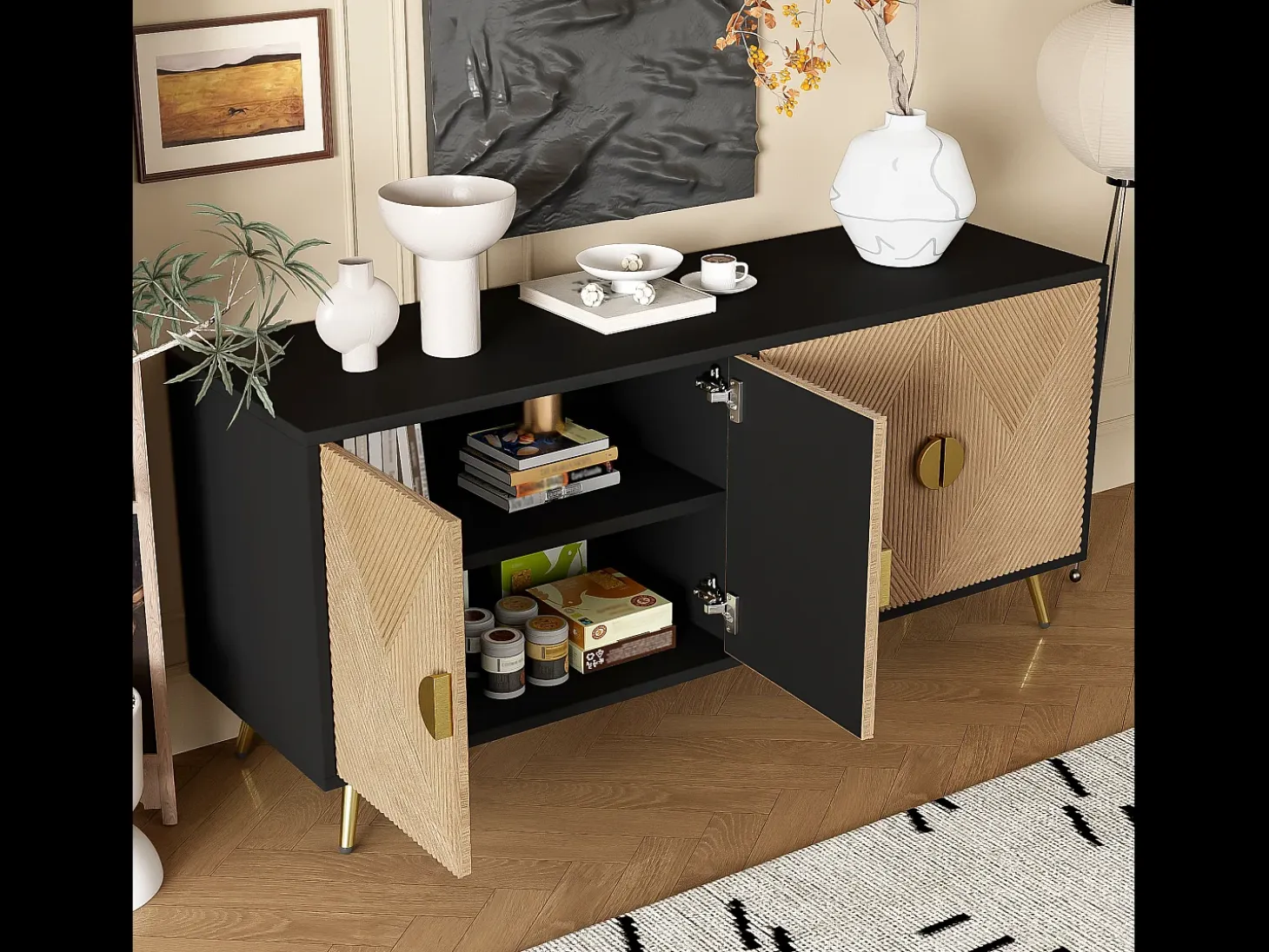 Aparador con 4 puertas, 4 cajones, con elementos dorados, MDF, negro y madera, (160x40x75 cm)