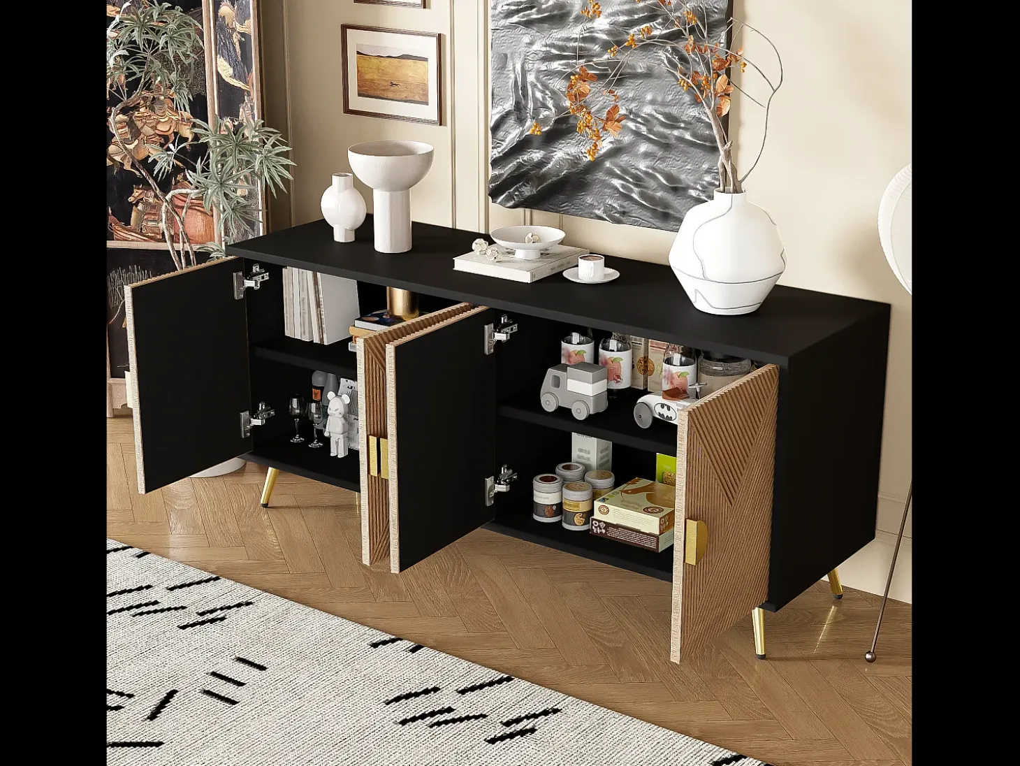 Aparador con 4 puertas, 4 cajones, con elementos dorados, MDF, negro y madera, (160x40x75 cm)
