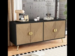 Aparador con 4 puertas, 4 cajones, con elementos dorados, MDF, negro y madera, (160x40x75 cm)