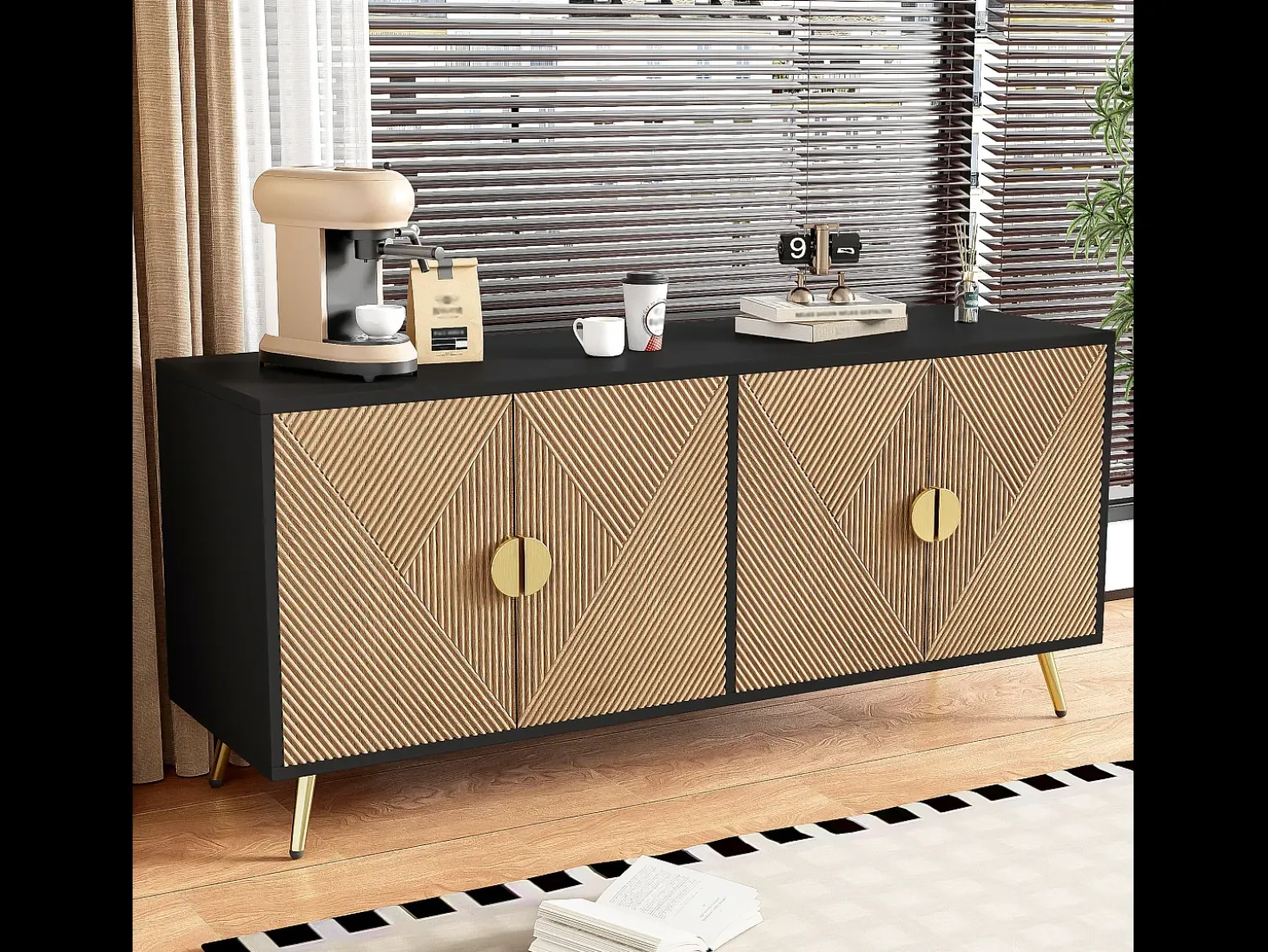 Aparador con 4 puertas, 4 cajones, con elementos dorados, MDF, negro y madera, (160x40x75 cm)