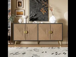 Aparador con 4 puertas, 4 cajones, con elementos dorados, MDF, negro y madera, (160x40x75 cm)
