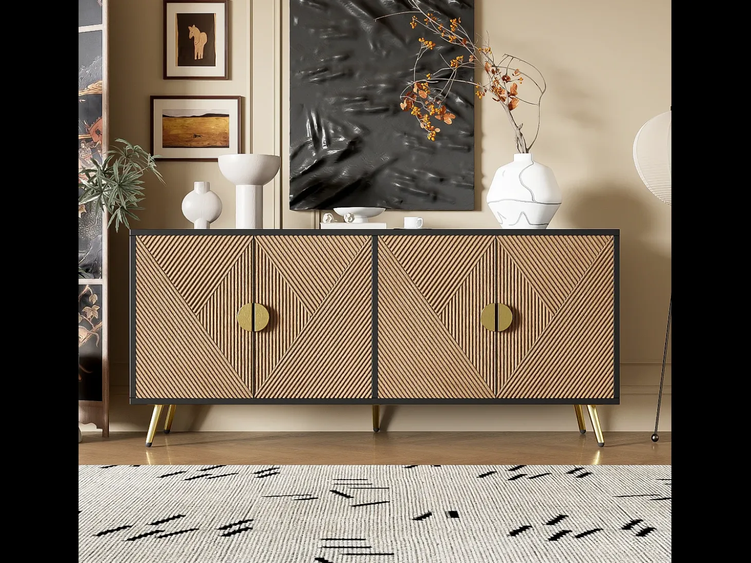 Aparador con 4 puertas, 4 cajones, con elementos dorados, MDF, negro y madera, (160x40x75 cm)