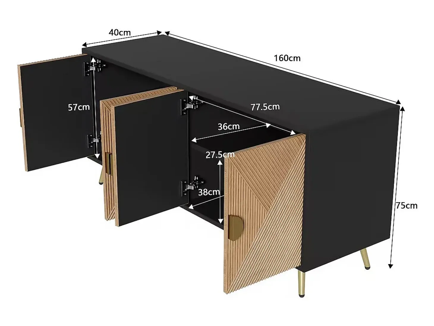 Aparador con 4 puertas, 4 cajones, con elementos dorados, MDF, negro y madera, (160x40x75 cm)