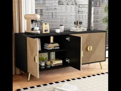 Aparador con 4 puertas, 4 cajones, con elementos dorados, MDF, negro y madera, (160x40x75 cm)