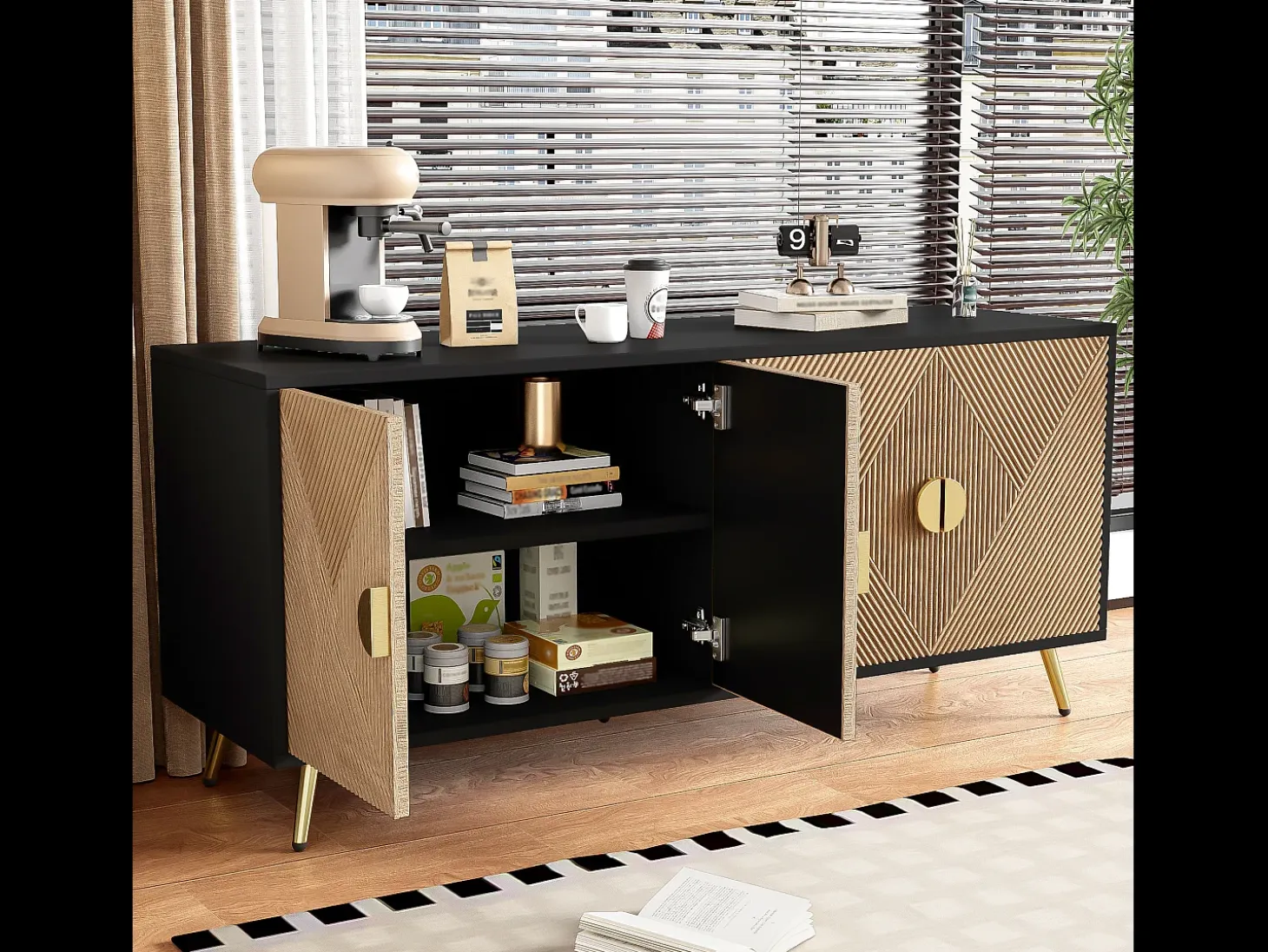 Aparador con 4 puertas, 4 cajones, con elementos dorados, MDF, negro y madera, (160x40x75 cm)