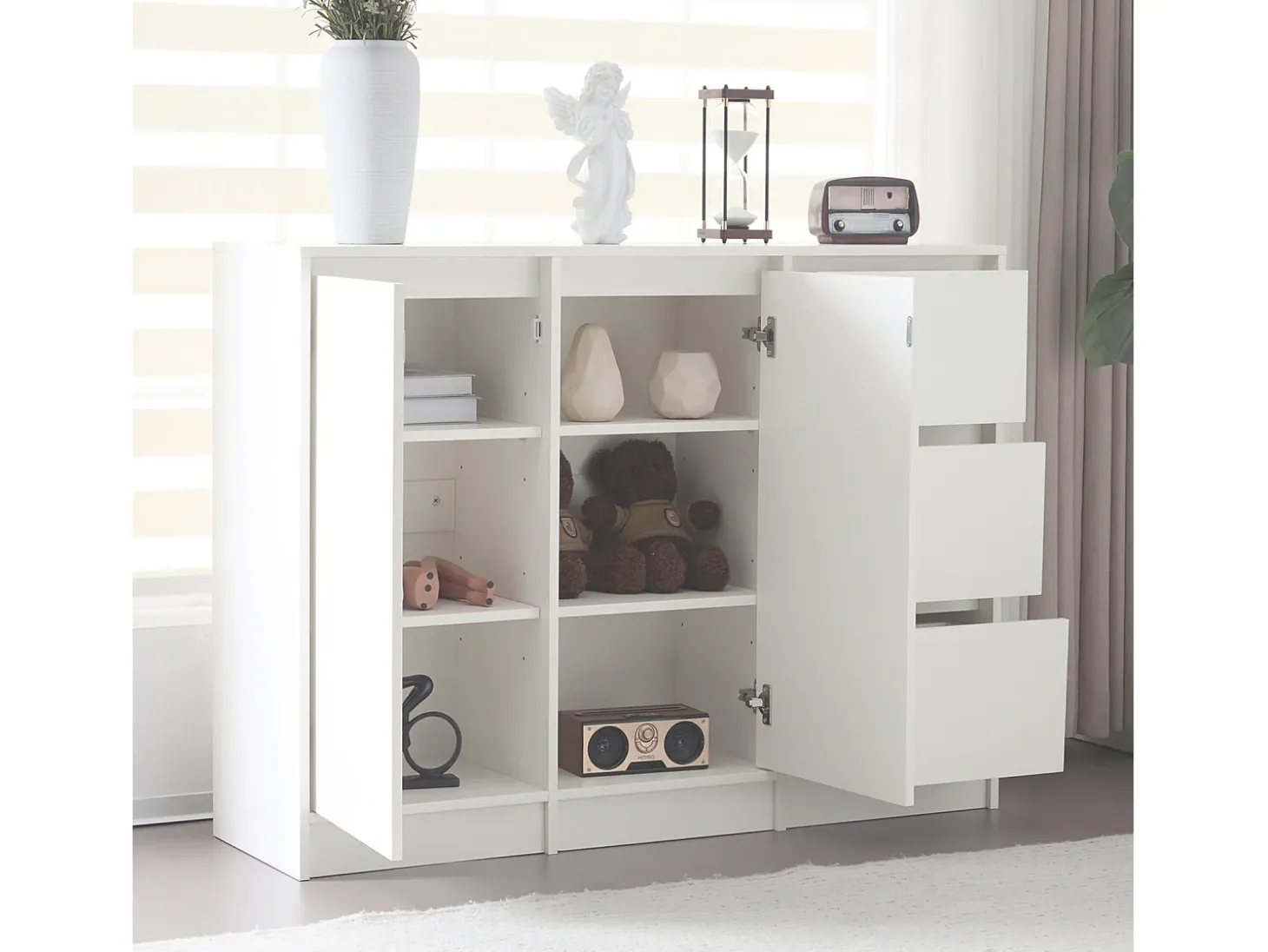Aparador con 2 puertas, 3 cajones, armario de almacenaje para comedor o salón, 120x90x35cm, blanco