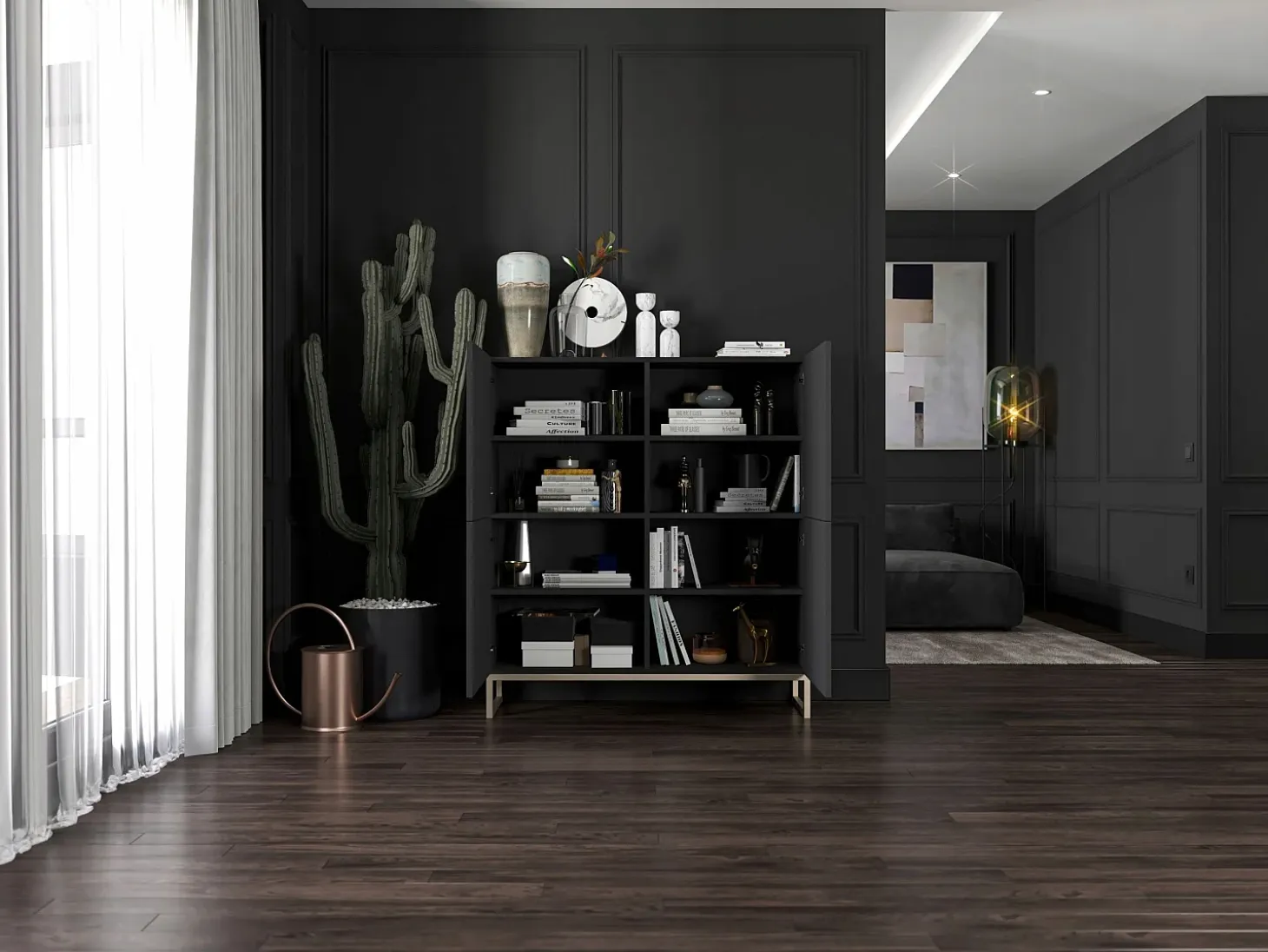 Aparador con 4 puertas – Cuerpo Negro mate, frentes acanalados Negro mate – 112 cm, estructura metálica