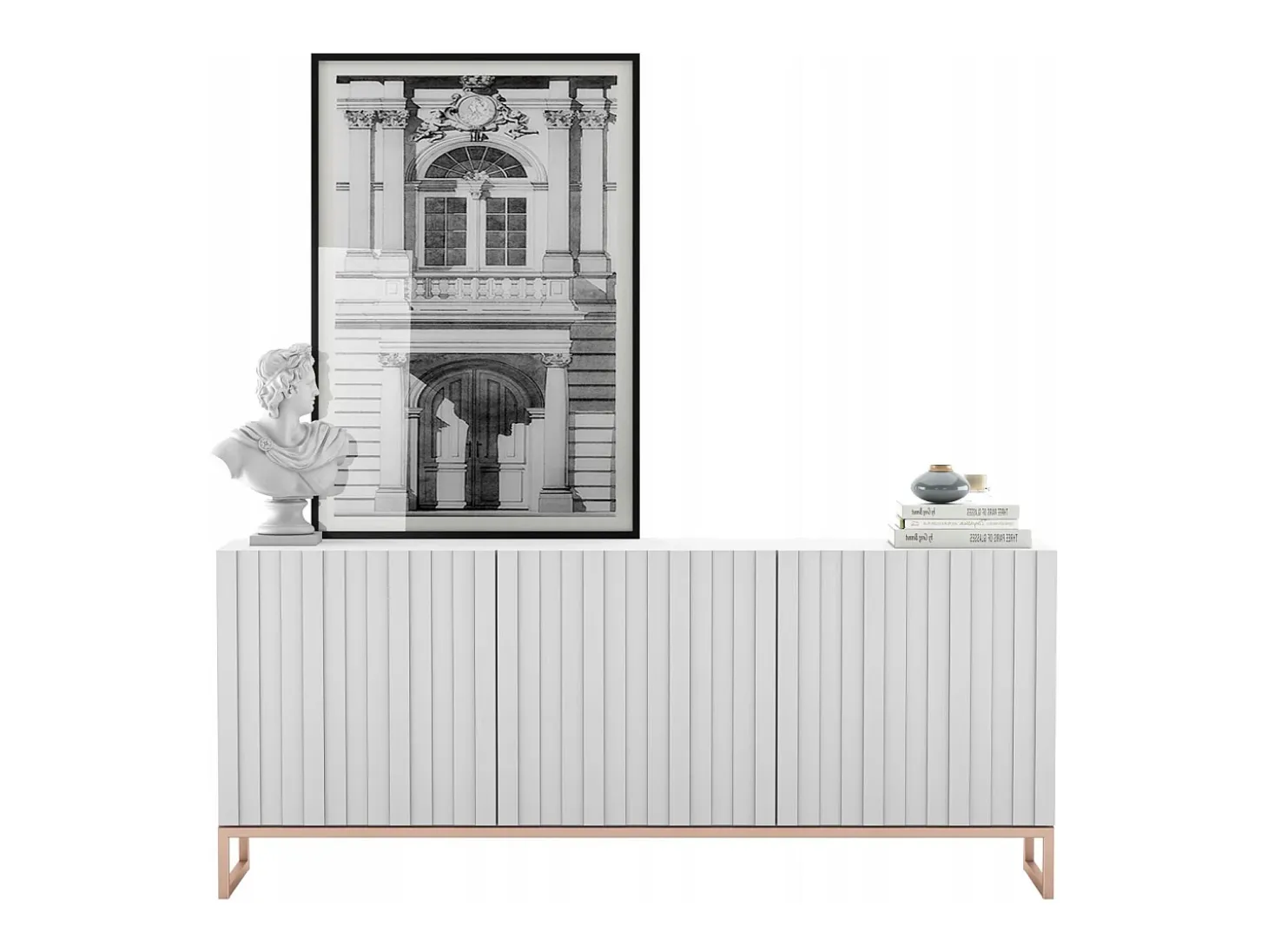 Aparador con 3 puertas - cuerpo Blanco mate, frentes ranurados Blanco mate - 168 cm, estructura metálica
