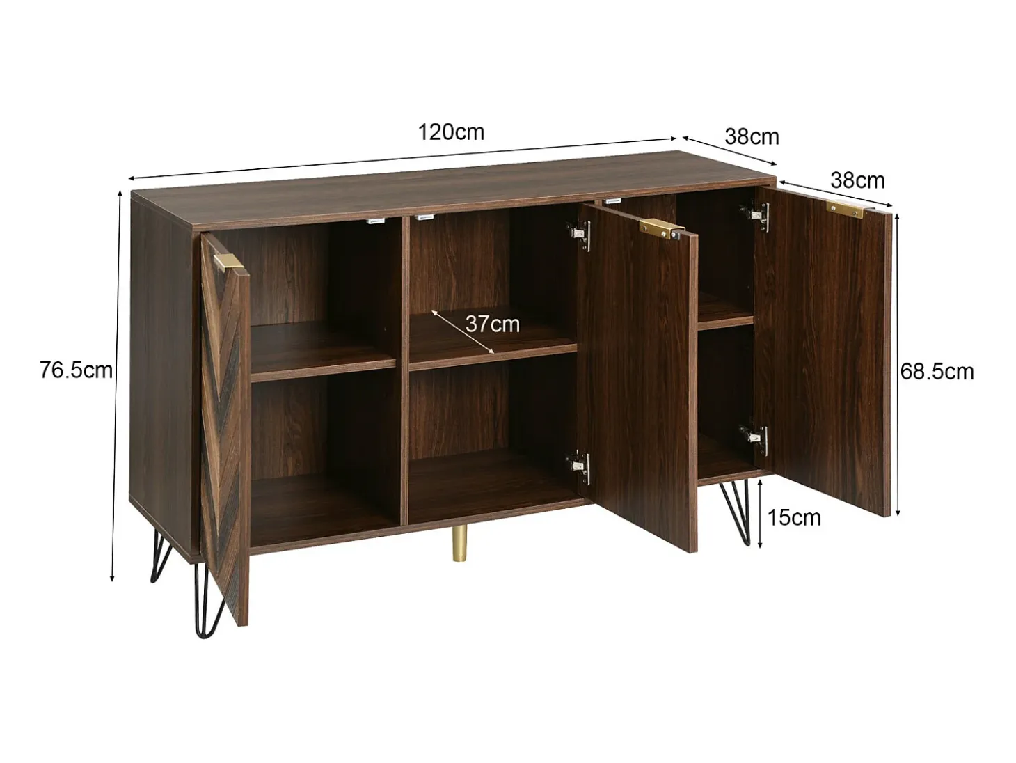 Aparador con 3 puertas - Espacio de almacenamiento elegante y generoso - Pequeño armario color madera + negro 120x76,5x38 cm