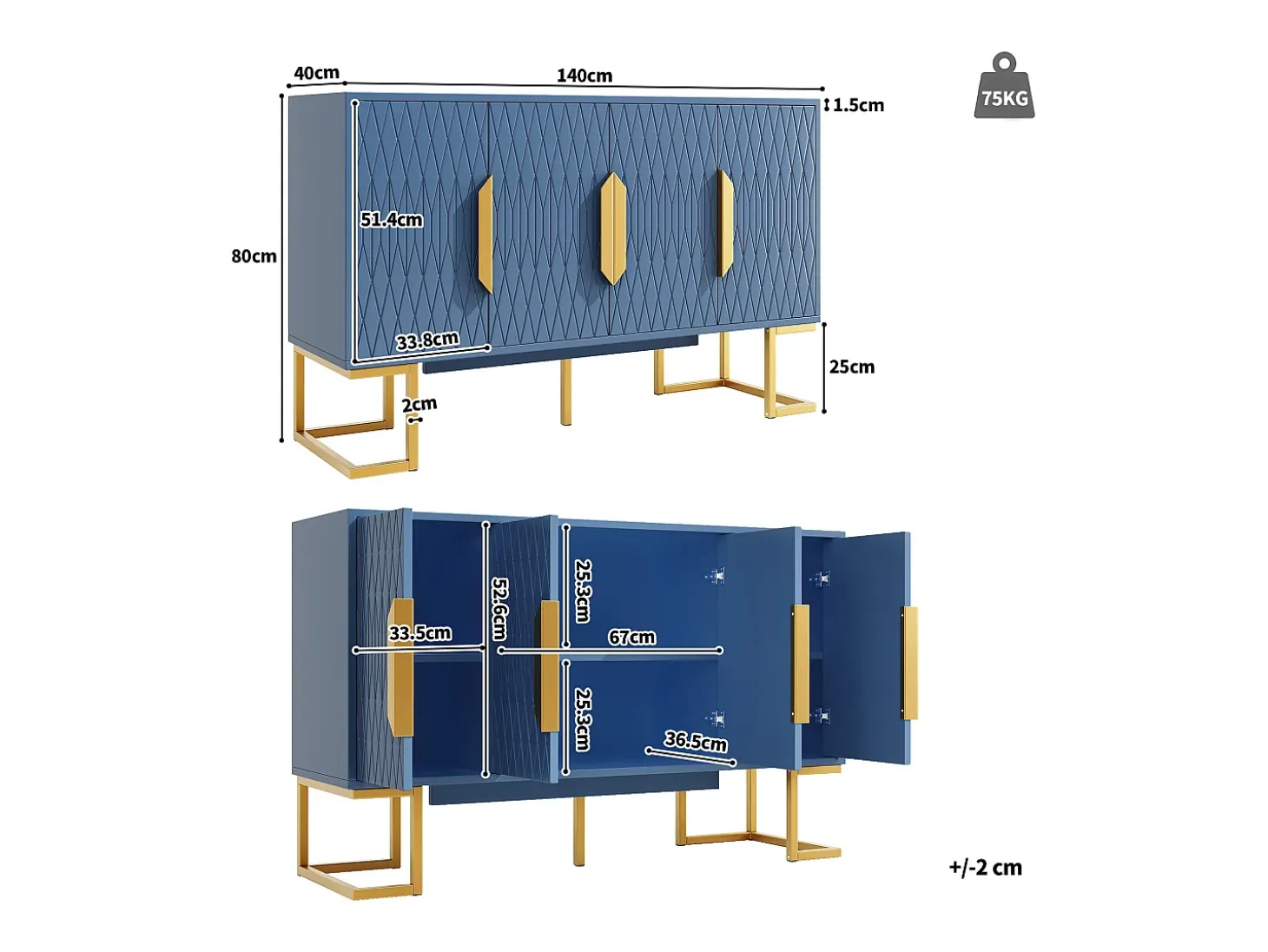 Aparador con 4 puertas - Patas de metal dorado - Estante regulable - Azul