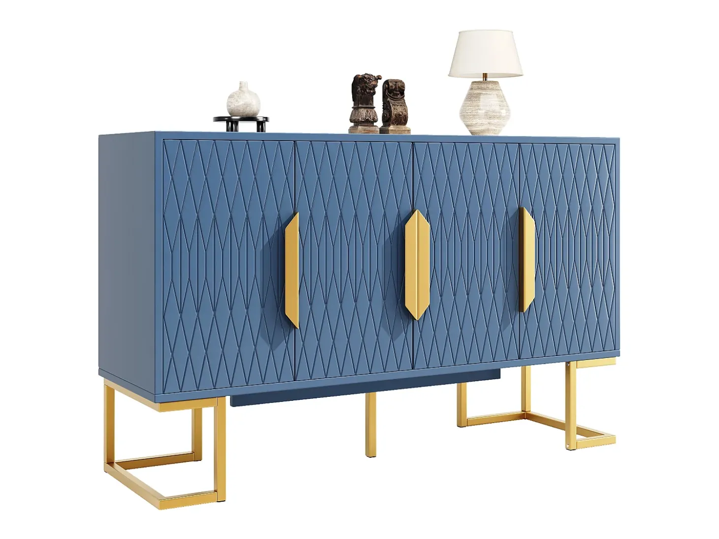 Aparador con 4 puertas - Patas de metal dorado - Estante regulable - Azul