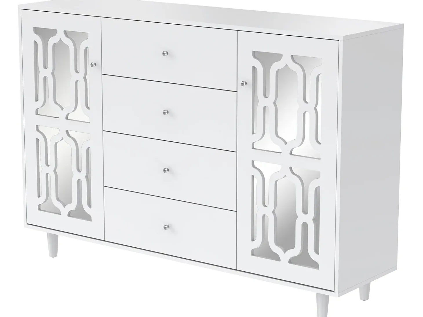 Aparador con 2 puertas con espejo y 4 cajones en MDF - tiradores de cristal - lacado blanco