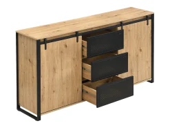 Aparador con 2 puertas correderas y 3 cajones en MDF y metal negro - Natural - BELINARO