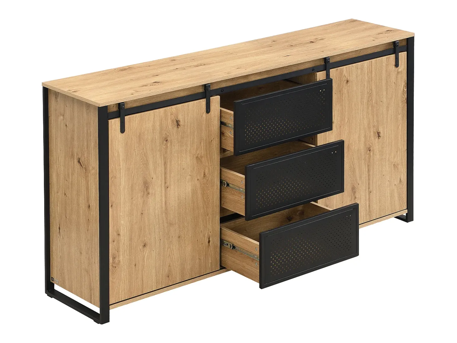 Aparador con 2 puertas correderas y 3 cajones en MDF y metal negro - Natural - BELINARO