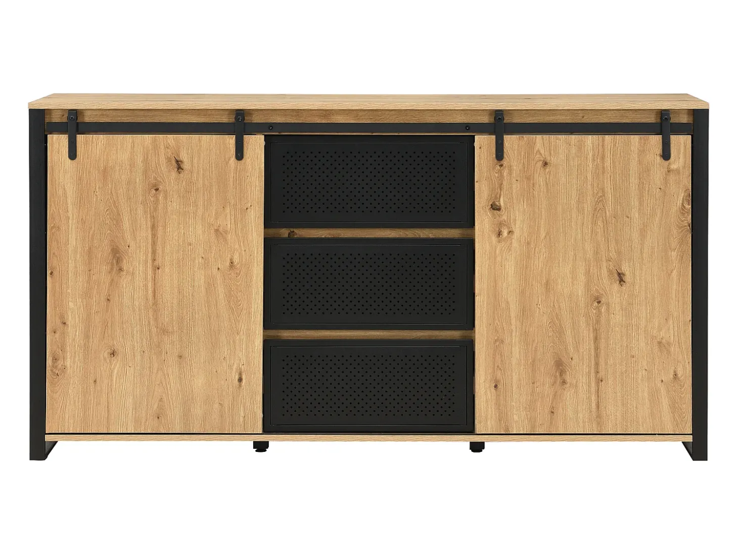 Aparador con 2 puertas correderas y 3 cajones en MDF y metal negro - Natural - BELINARO