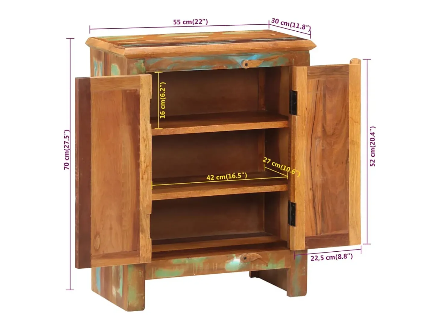 Aparador con 2 puertas de madera maciza reciclada 55x30x70 cm