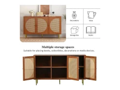 Aparador con 3 puertas de ratán, mueble de almacenaje, con tiradores de metal, para salón, dormitorio y despacho, nogal (129,8x40x76 cm)