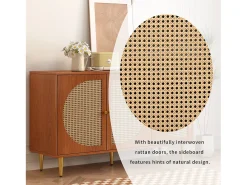 Aparador con 3 puertas de ratán, mueble de almacenaje, con tiradores de metal, para salón, dormitorio y despacho, nogal (129,8x40x76 cm)