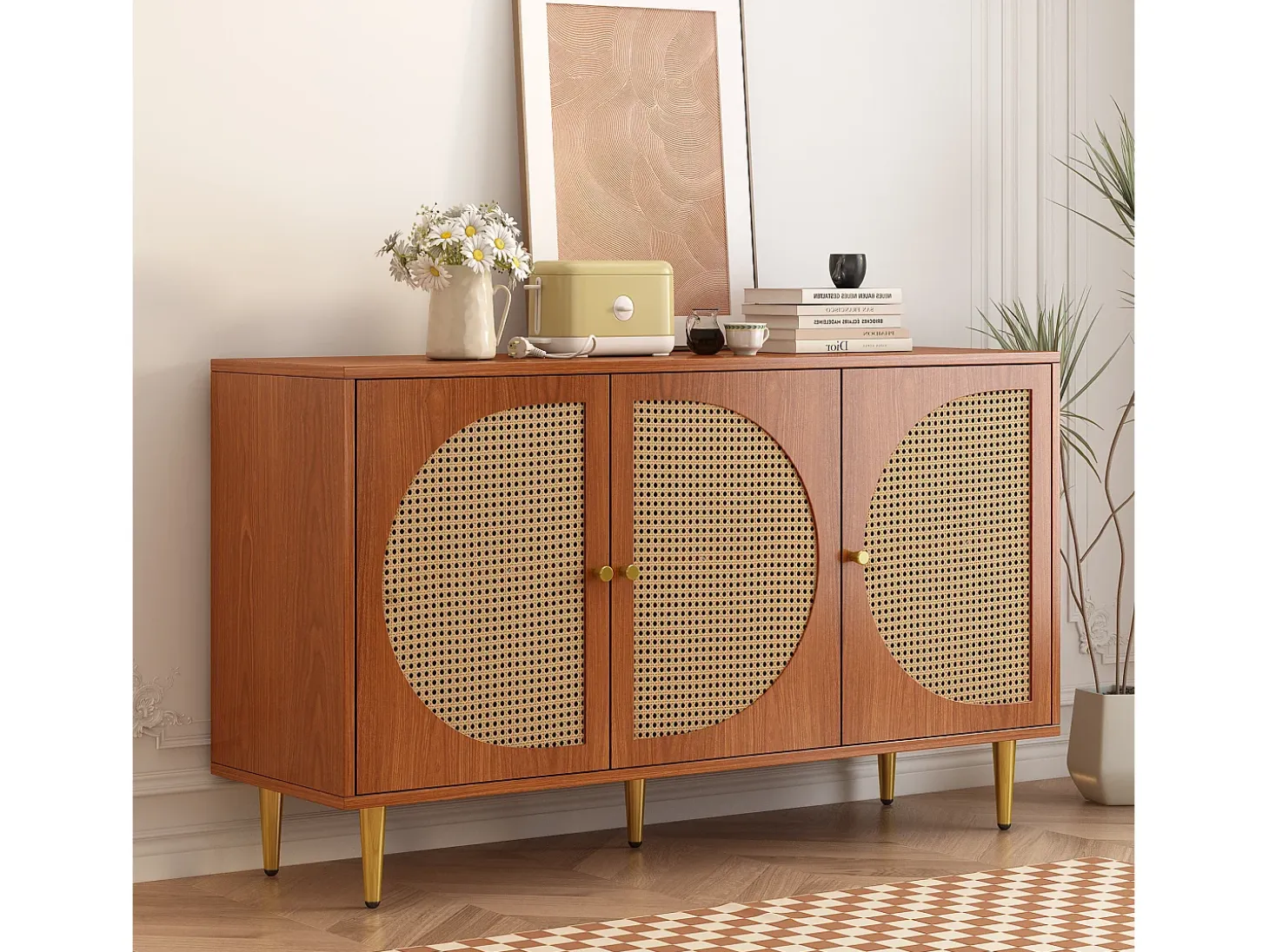 Aparador con 3 puertas de ratán, mueble de almacenaje, con tiradores de metal, para salón, dormitorio y despacho, nogal (129,8x40x76 cm)