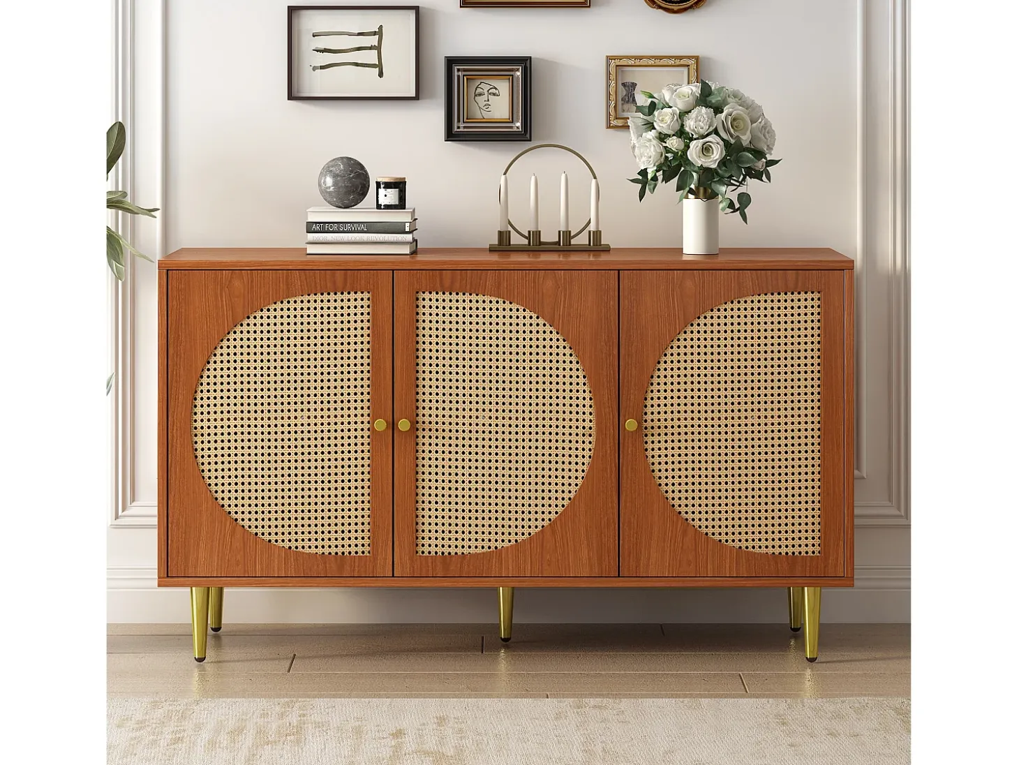 Aparador con 3 puertas de ratán, mueble de almacenaje, con tiradores de metal, para salón, dormitorio y despacho, nogal (129,8x40x76 cm)