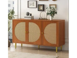 Aparador con 3 puertas de ratán, mueble de almacenaje, con tiradores de metal, para salón, dormitorio y despacho, nogal (129,8x40x76 cm)