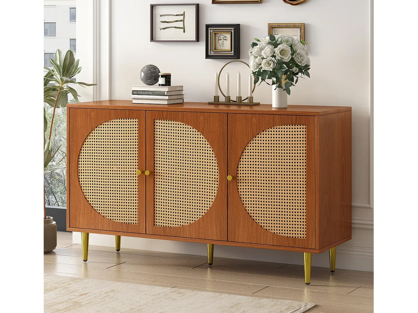 Aparador con 3 puertas de ratán, mueble de almacenaje, con tiradores de metal, para salón, dormitorio y despacho, nogal (129,8x40x76 cm)