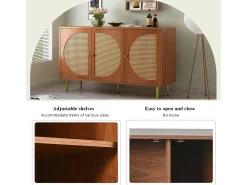Aparador con 3 puertas de ratán, mueble de almacenaje, con tiradores de metal, para salón, dormitorio y despacho, nogal (129,8x40x76 cm)