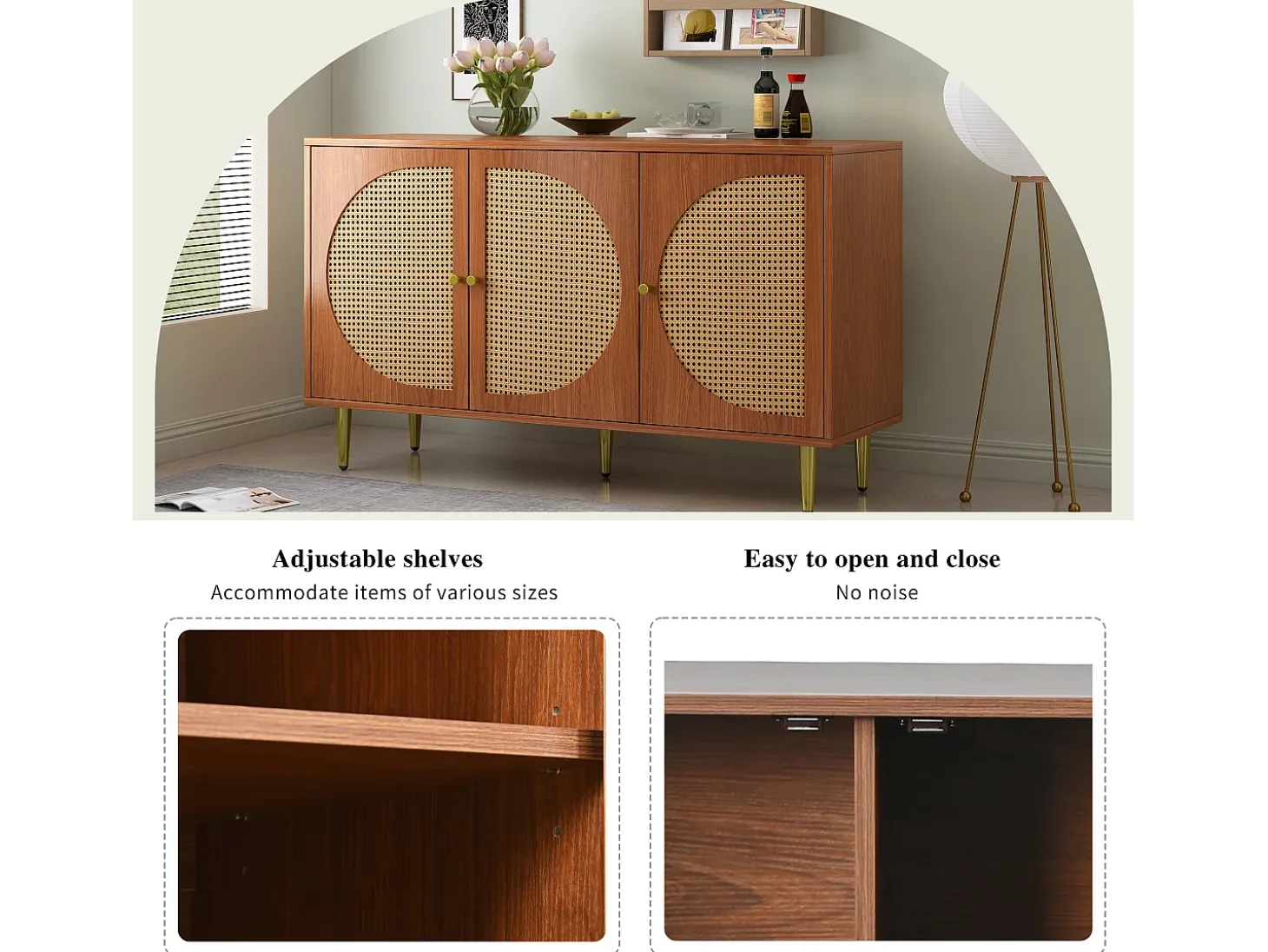 Aparador con 3 puertas de ratán, mueble de almacenaje, con tiradores de metal, para salón, dormitorio y despacho, nogal (129,8x40x76 cm)