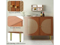 Aparador con 3 puertas de ratán, mueble de almacenaje, con tiradores de metal, para salón, dormitorio y despacho, nogal (129,8x40x76 cm)