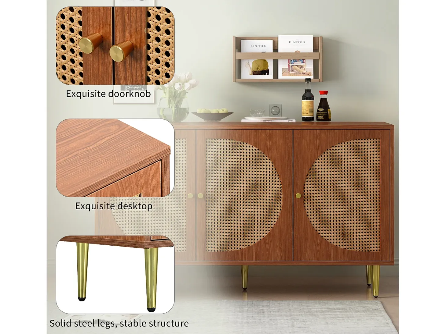 Aparador con 3 puertas de ratán, mueble de almacenaje, con tiradores de metal, para salón, dormitorio y despacho, nogal (129,8x40x76 cm)