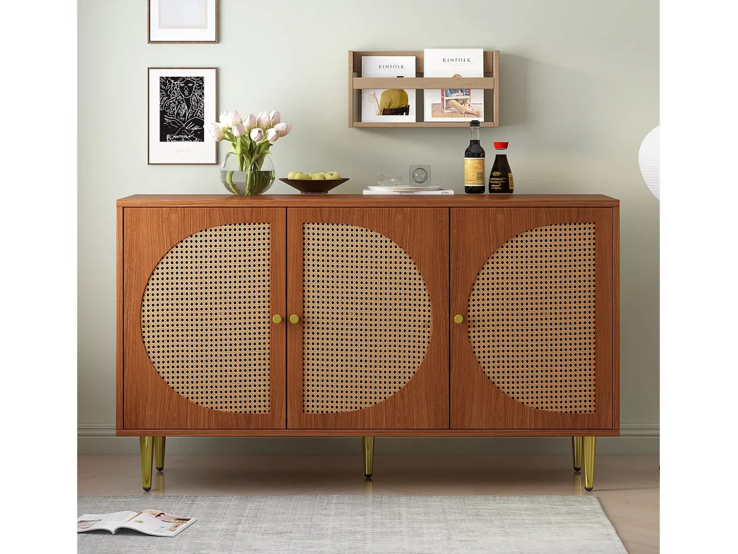 Aparador con 3 puertas de ratán, mueble de almacenaje, con tiradores de metal, para salón, dormitorio y despacho, nogal (129,8x40x76 cm)