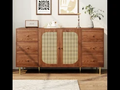 Aparador con 2 puertas de ratán y 6 cajones - 160 x 40 x 90 cm - Para cocina, hogar - Marrón