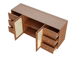 Aparador con 2 puertas de ratán y 6 cajones - 160 x 40 x 90 cm - Para cocina, hogar - Marrón