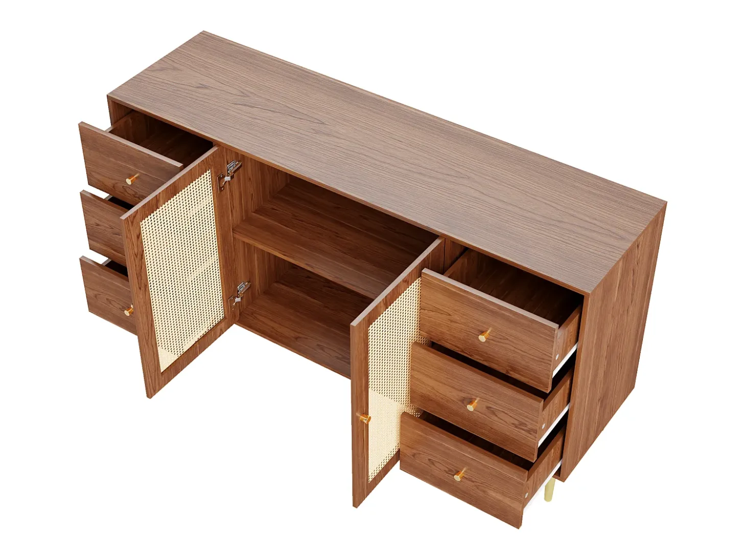 Aparador con 2 puertas de ratán y 6 cajones - 160 x 40 x 90 cm - Para cocina, hogar - Marrón