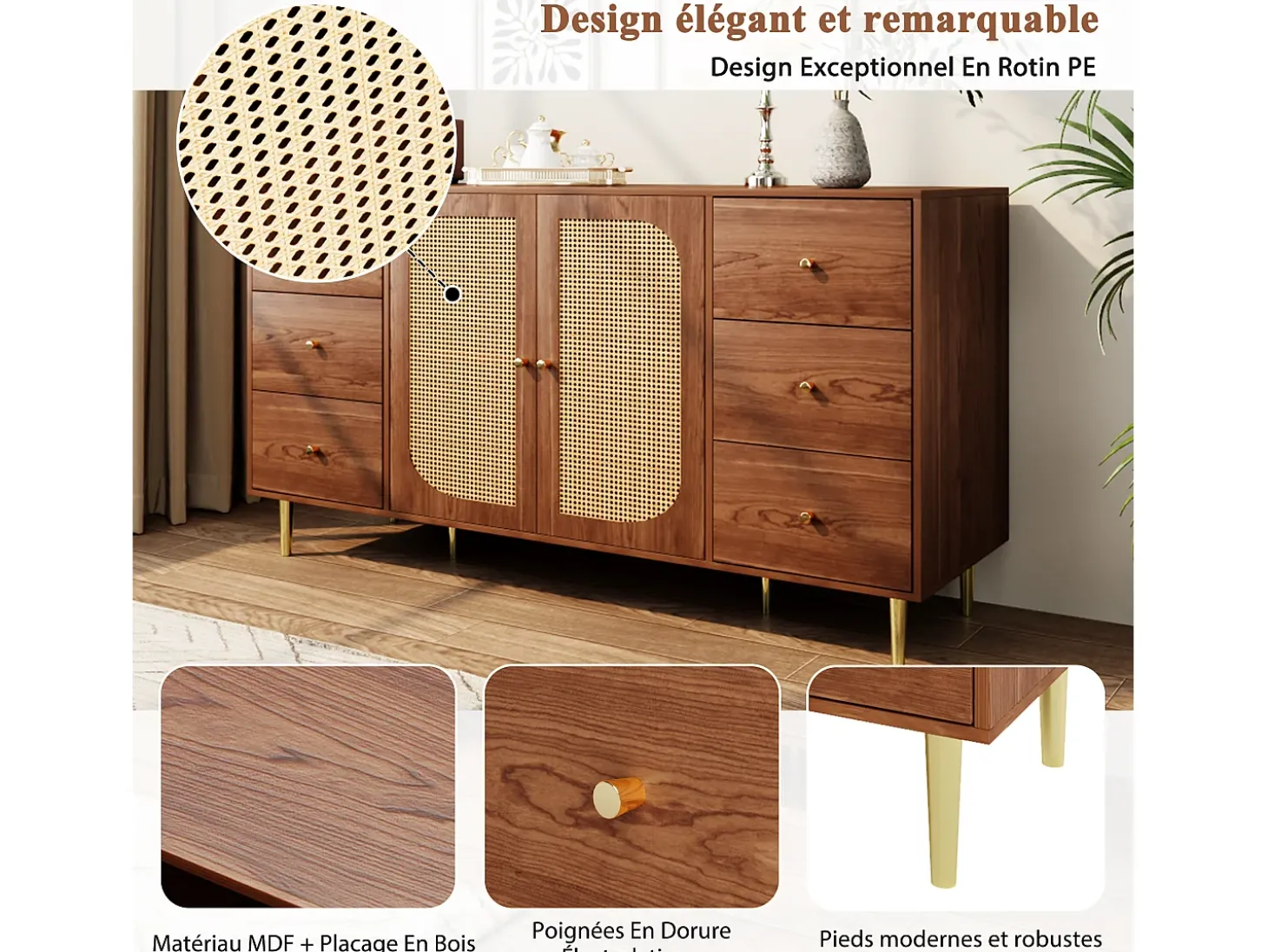 Aparador con 2 puertas de ratán y 6 cajones - 160 x 40 x 90 cm - Para cocina, hogar - Marrón
