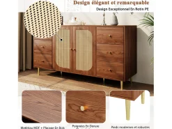 Aparador con 2 puertas de ratán y 6 cajones - 160 x 40 x 90 cm - Para cocina, hogar - Marrón