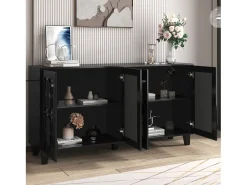 Aparador con 4 puertas de MDF con espejo - estante regulable - color negro
