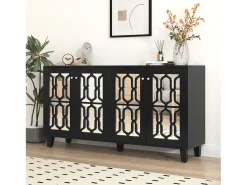 Aparador con 4 puertas de MDF con espejo - estante regulable - color negro