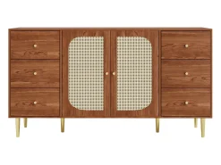 Aparador con 2 puertas de ratán y 6 cajones - 160 x 40 x 90 cm - Madera MDF y patas de metal dorado - Para cocina, hogar - Marrón