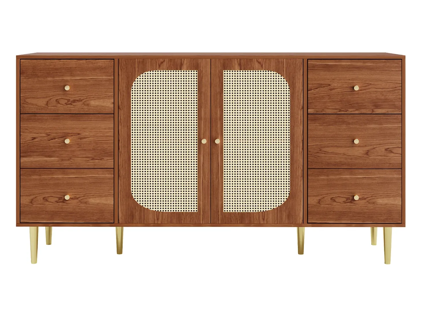 Aparador con 2 puertas de ratán y 6 cajones - 160 x 40 x 90 cm - Madera MDF y patas de metal dorado - Para cocina, hogar - Marrón