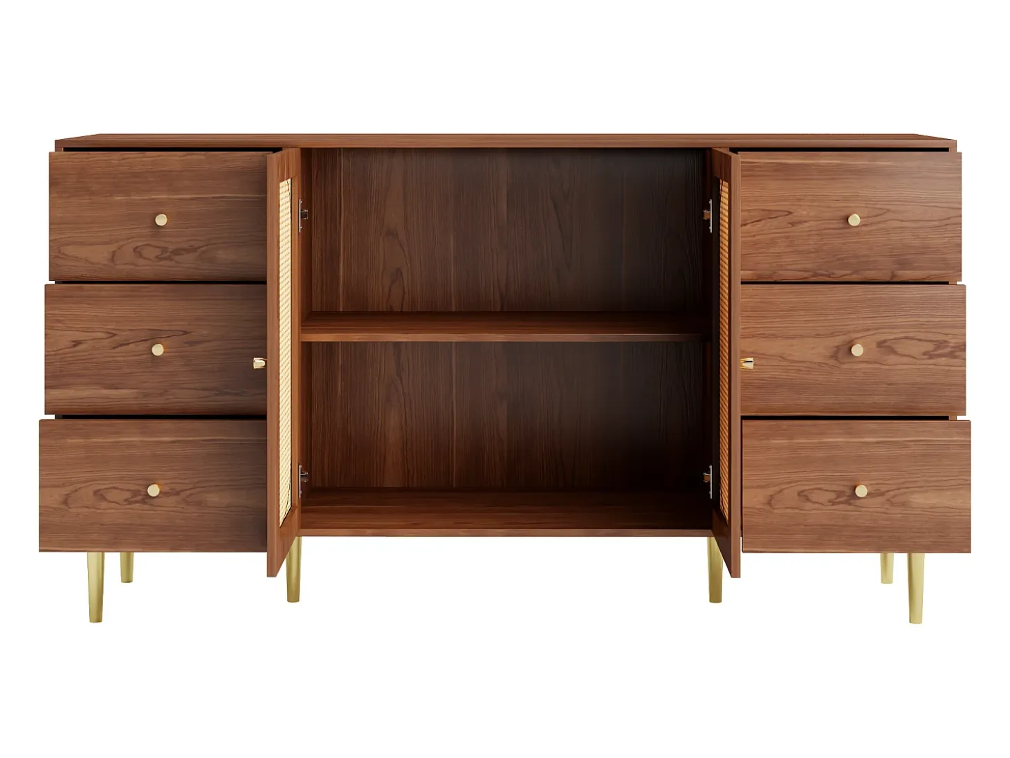 Aparador con 2 puertas de ratán y 6 cajones - 160 x 40 x 90 cm - Madera MDF y patas de metal dorado - Para cocina, hogar - Marrón