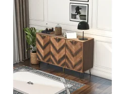 Aparador con 3 puertas, detalles elegantes, generoso almacenamiento, chapa de madera maciza, sensación cóncava/convexa, incluye laminados, acento G dorado.